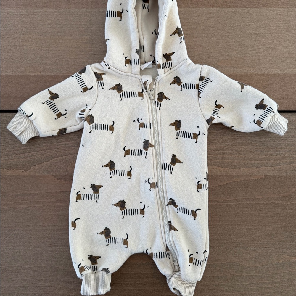 Adorable Cream Hooded Sweatsuit Baby Onesie with Dog Print
